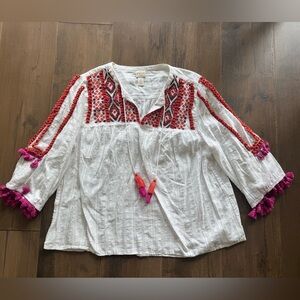 Chicos Embroidered White Boho Top with Pink & Red Tassels